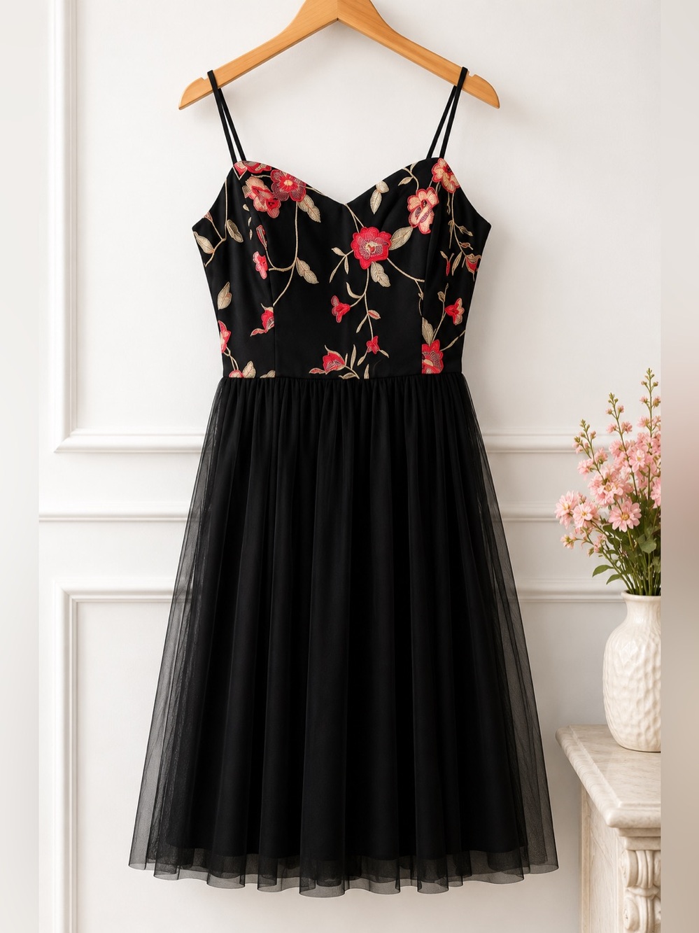 Elegant Black and Pink Floral Womens Dress